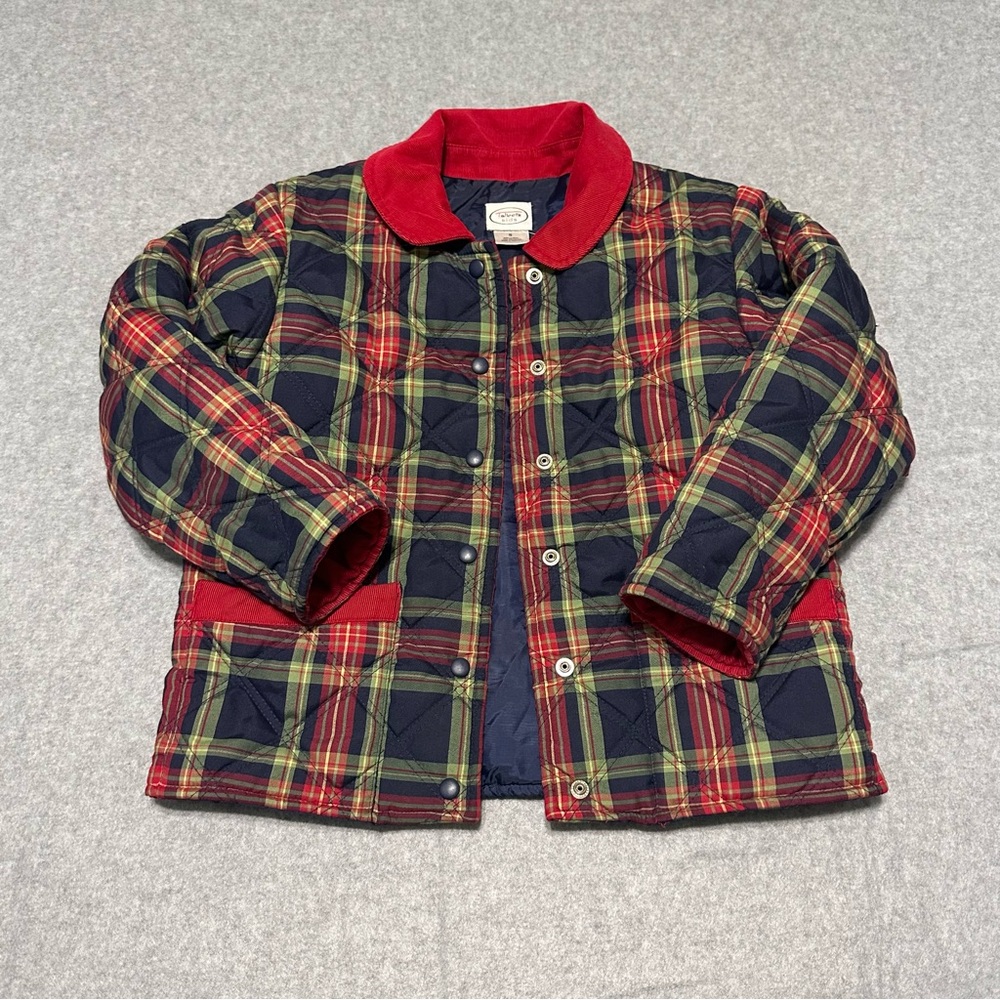 Talbots Kids Quilted Red Green Plaid Snap Up Coat Jacket Girls Size 5 Corduroy